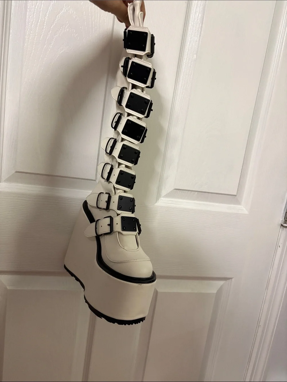 Demonia White Knee-High Platform Buckle Boots size 6 Goth